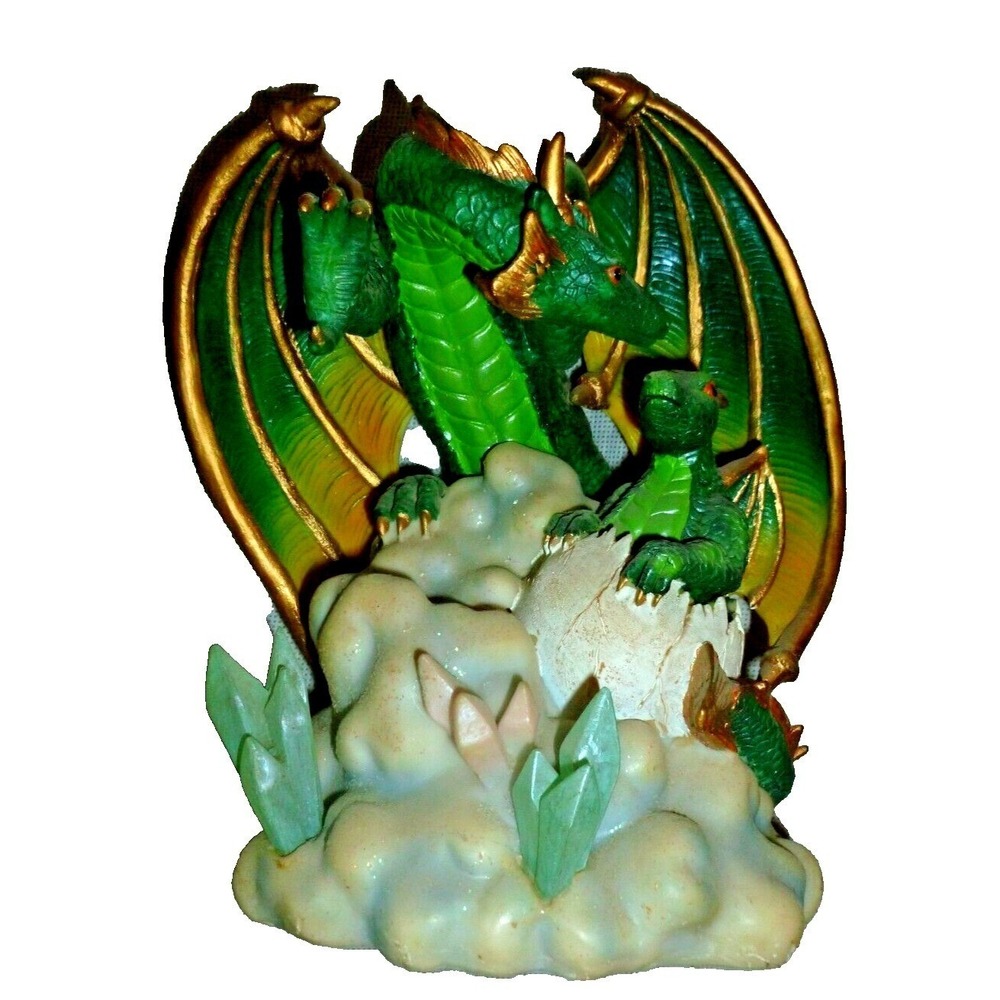 Youngs Inc Green Gold Dragon‎ Mother and Hatchling Figurine with Crystals 8 Inch